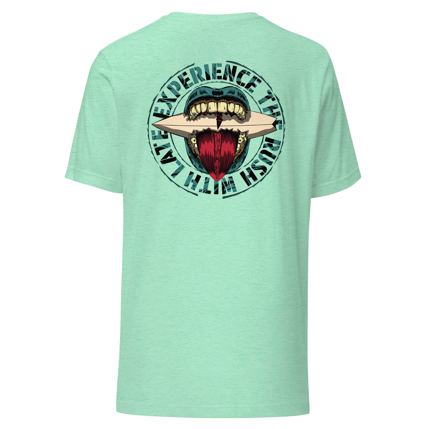 T-Shirt de surfeur style santacruz skateboarding et planche de surf texte experience the rush Late t-shirt dos couleur heather mint