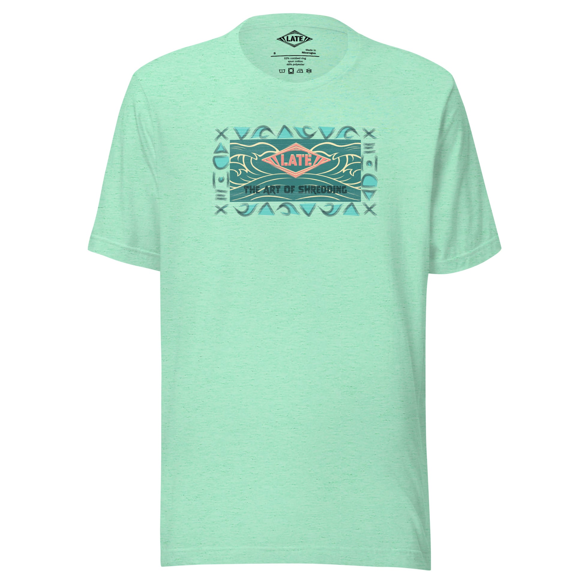 T-Shirt rétro surfwear art of shredding, logo Late surfshop motifs de vagues creuses, et dom-tom, t-shirt unisex vert menthe