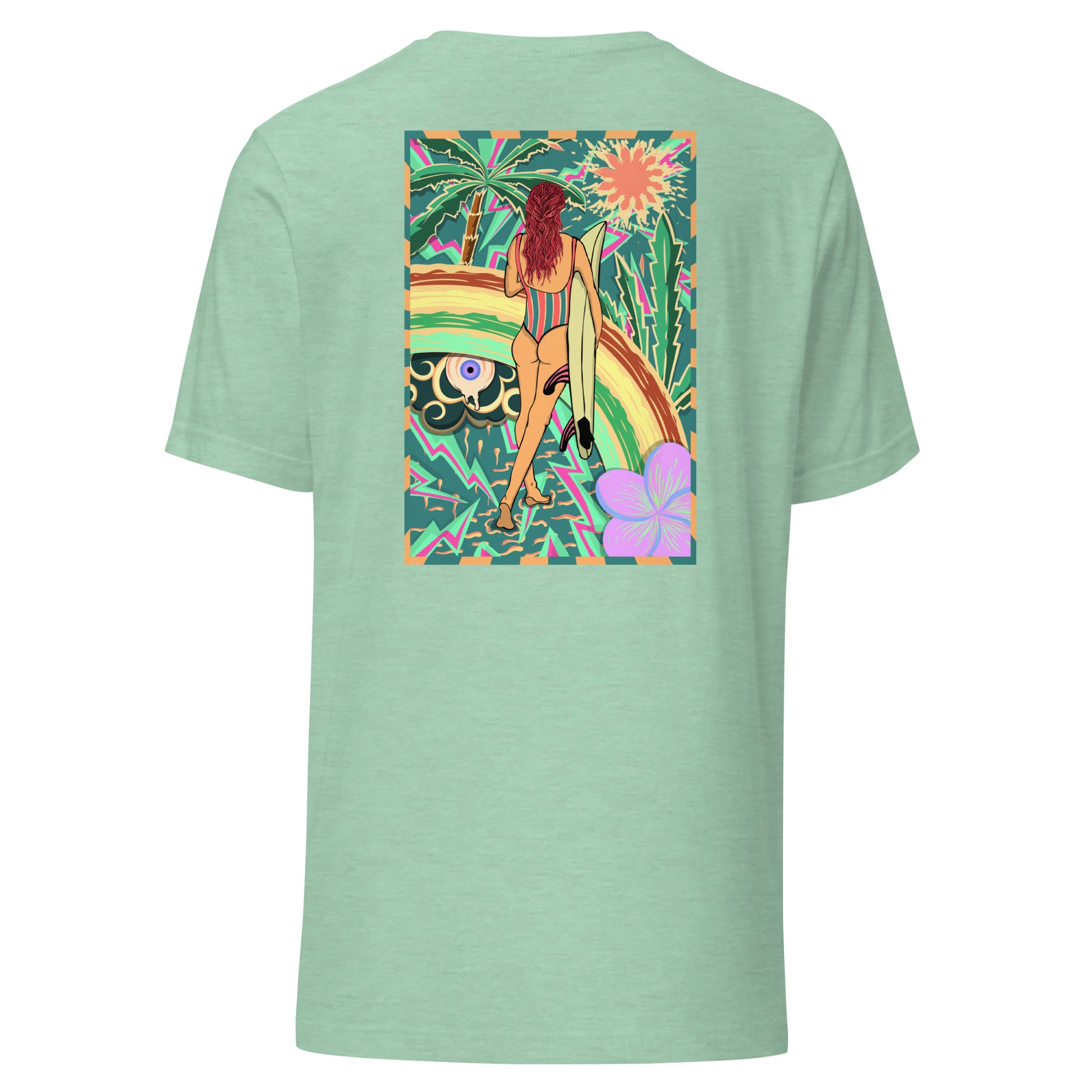 T-shirt surf vintage Walk Of Life surfeuse coloré hippie avec des palmier, fleur, arc en ciel et œil psychédélique. Tshirt dos vert menthe