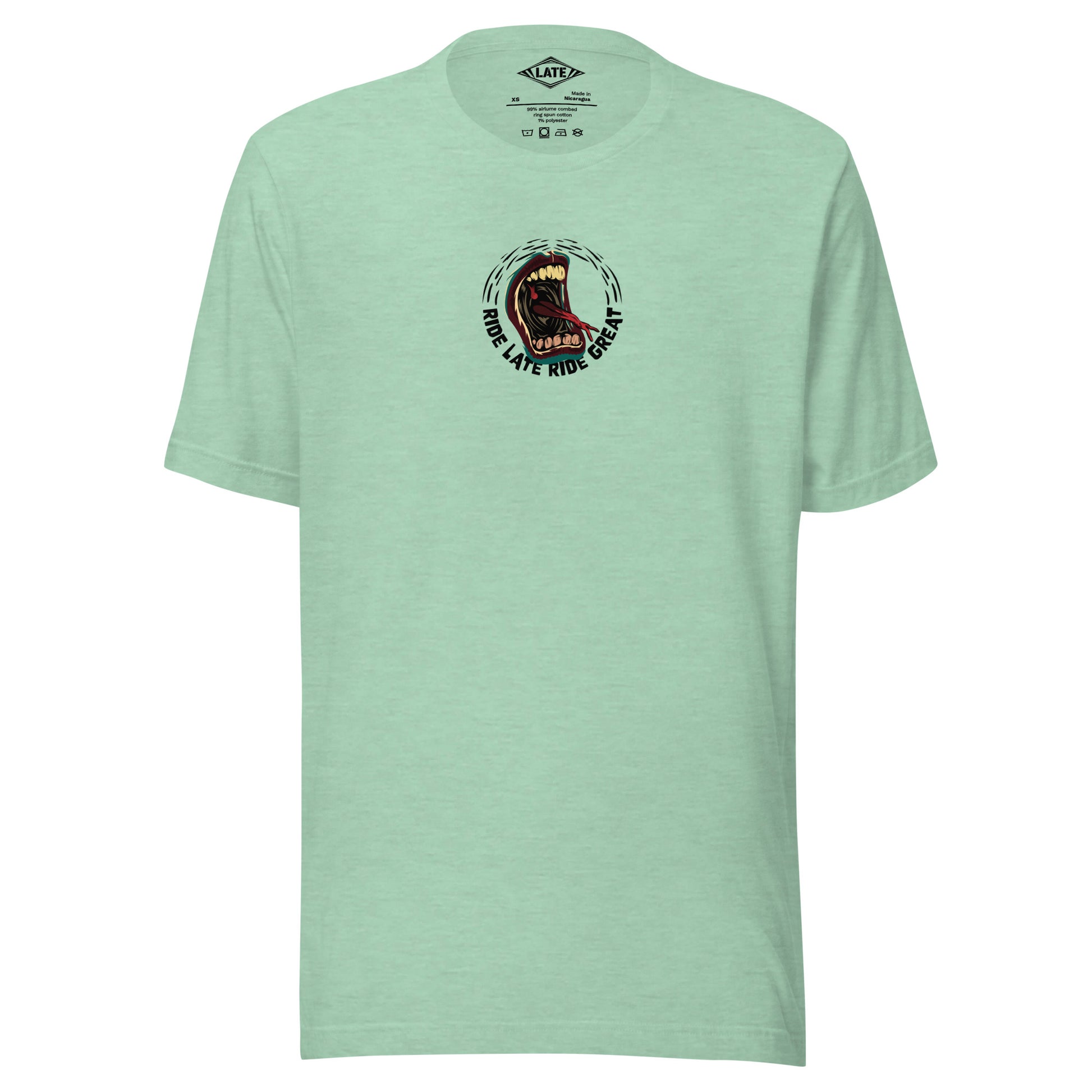 T-Shirt Ride Late Live Great skate style volcom avec un design de bouche qui tire la langue couleur du t-shirt de face unisex heather mint