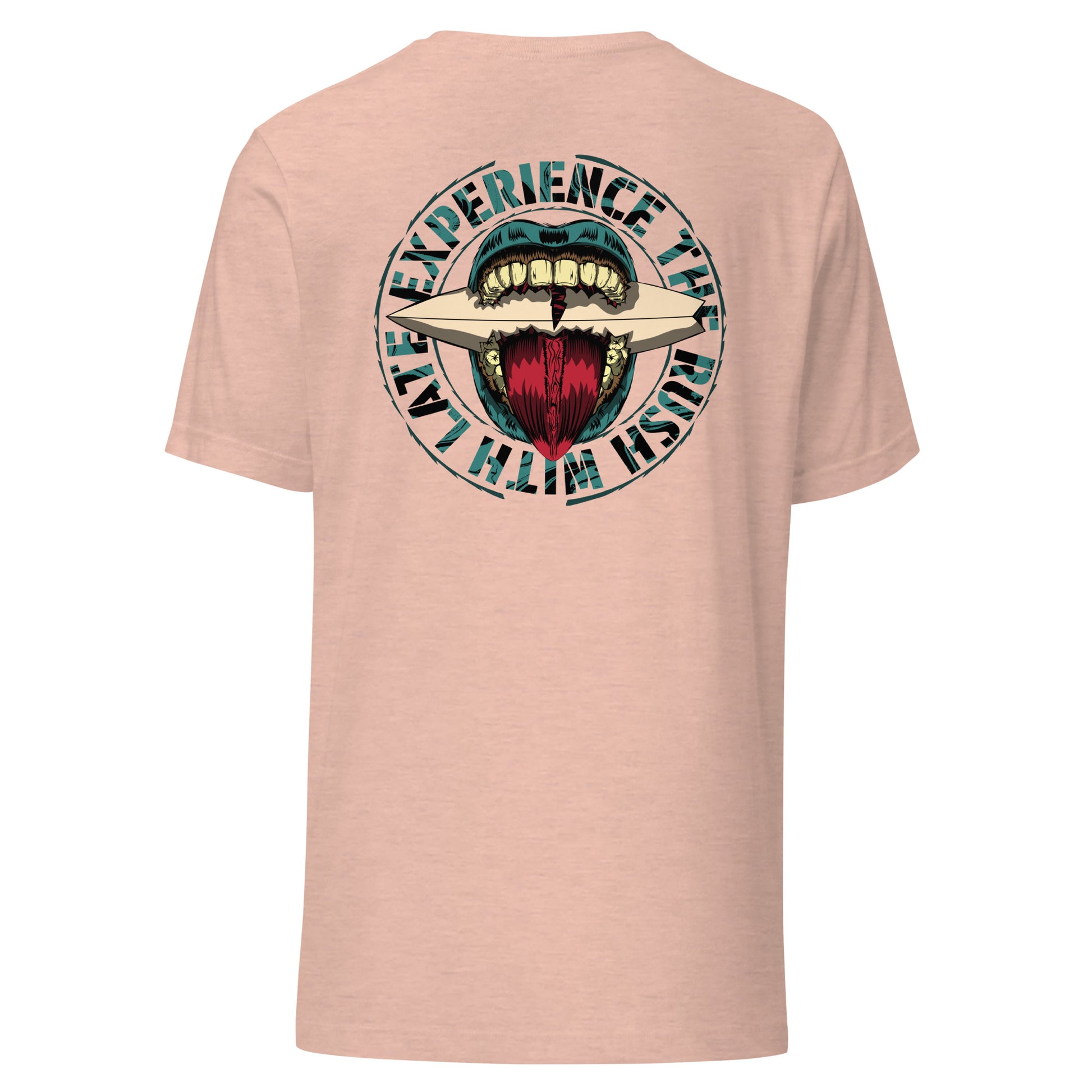 T-Shirt de surfeur style santacruz skateboarding et planche de surf texte experience the rush Late t-shirt dos couleur rose