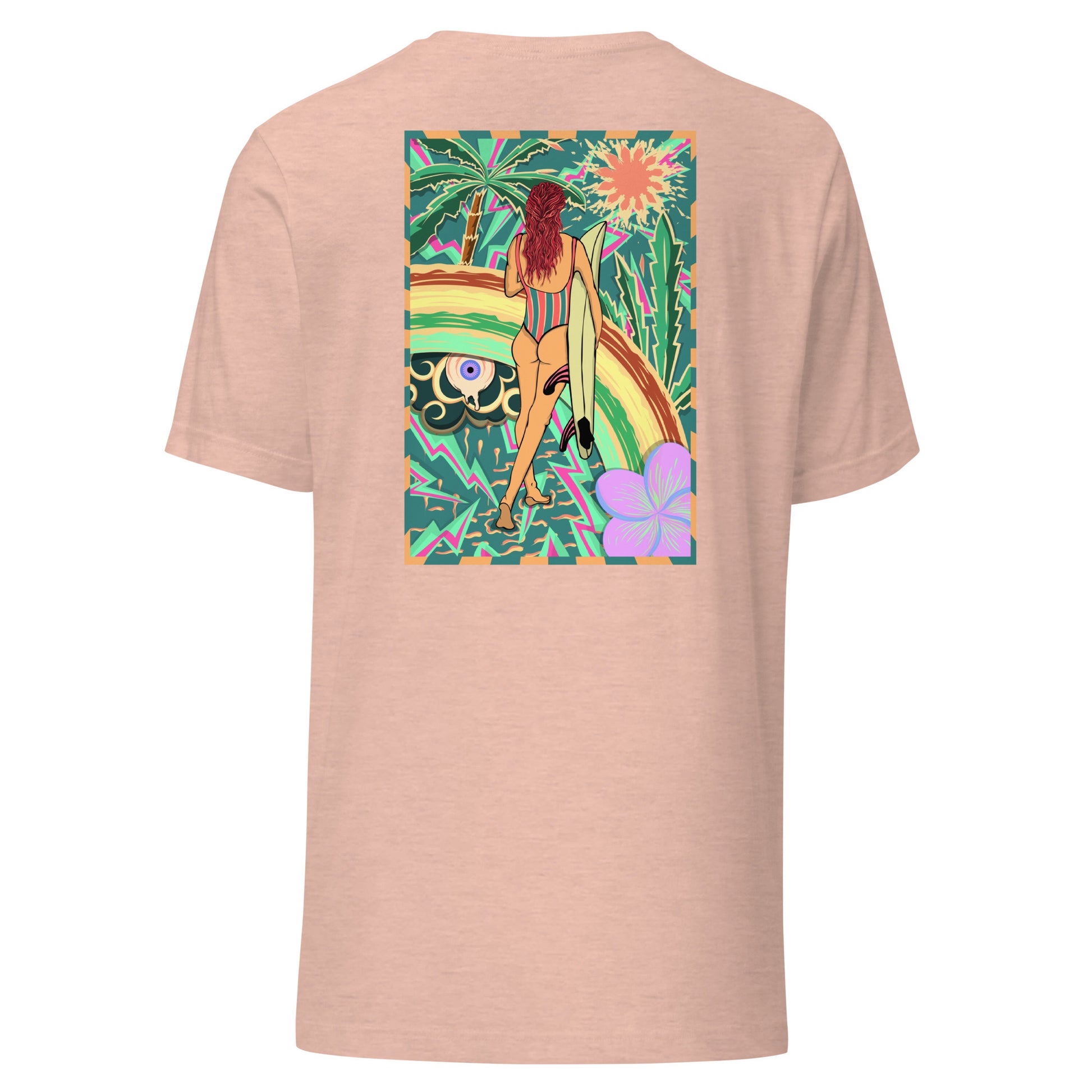 T-shirt surf vintage Walk Of Life surfeuse coloré hippie avec des palmier, fleur, arc en ciel et œil psychédélique. Tshirt dos rose