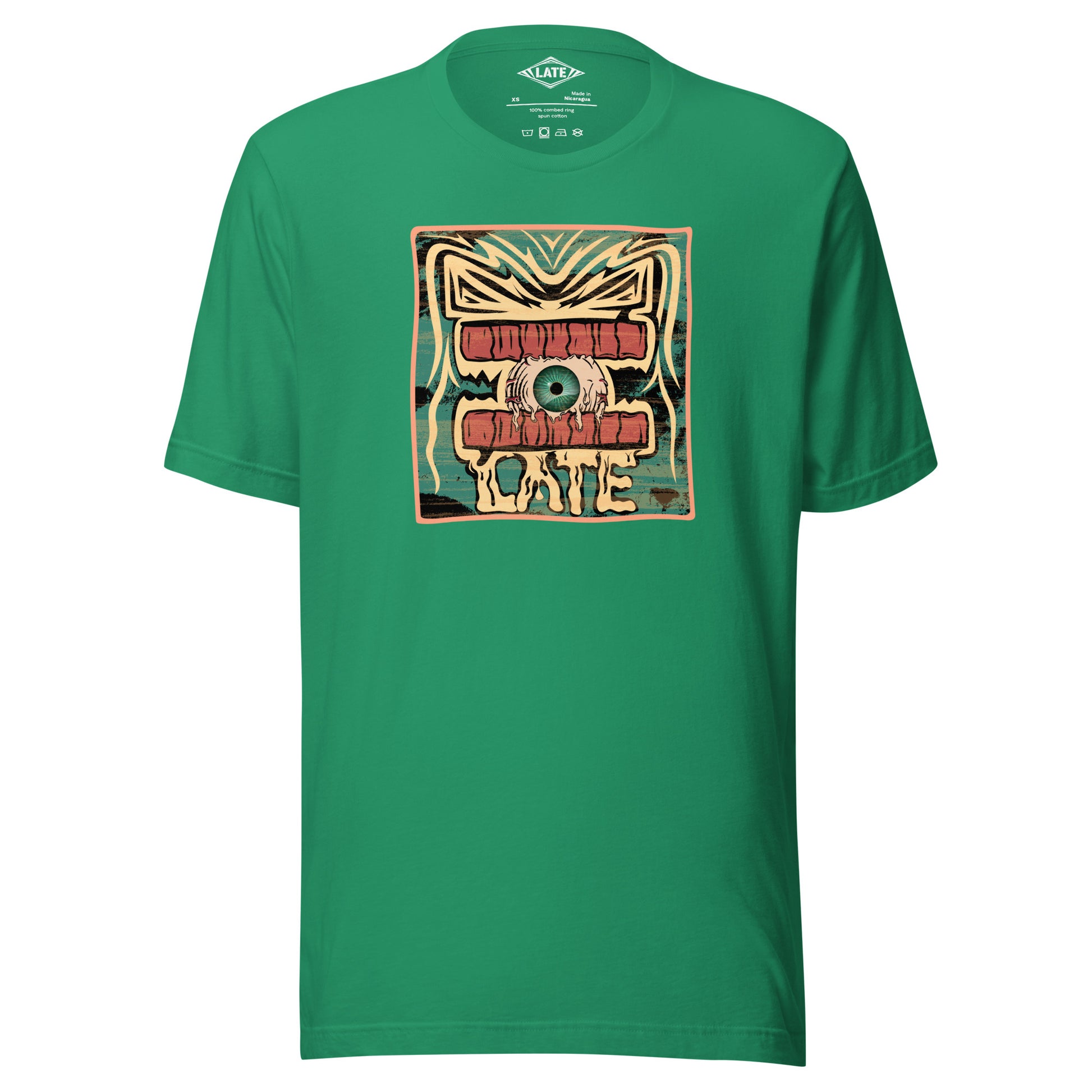 T-shirt rétro skateboarding, design couleur délavée, années 70,80, original dent et oeil skate, tee-shirt unisexe kelly vert