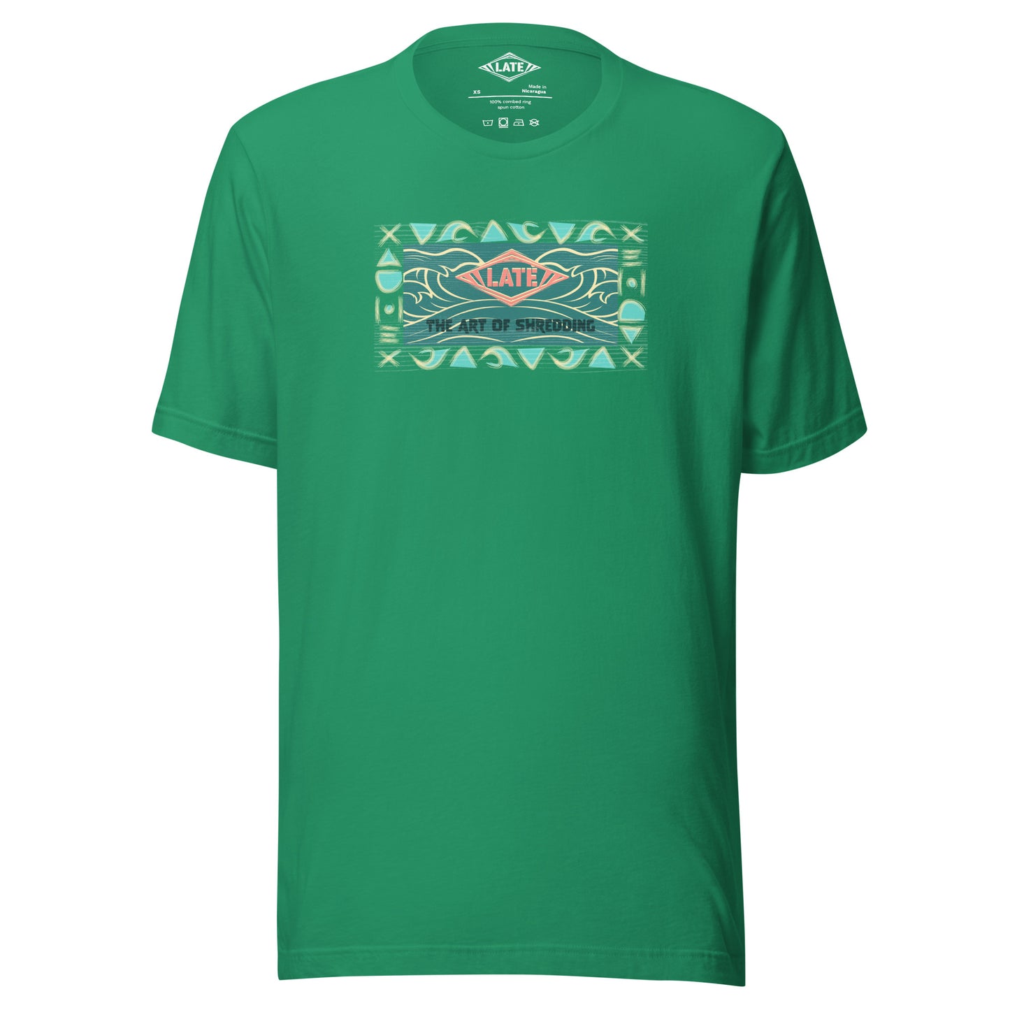 T-Shirt rétro surfwear art of shredding, logo Late surfshop motifs de vagues creuses, et dom-tom, t-shirt unisex vert kelly