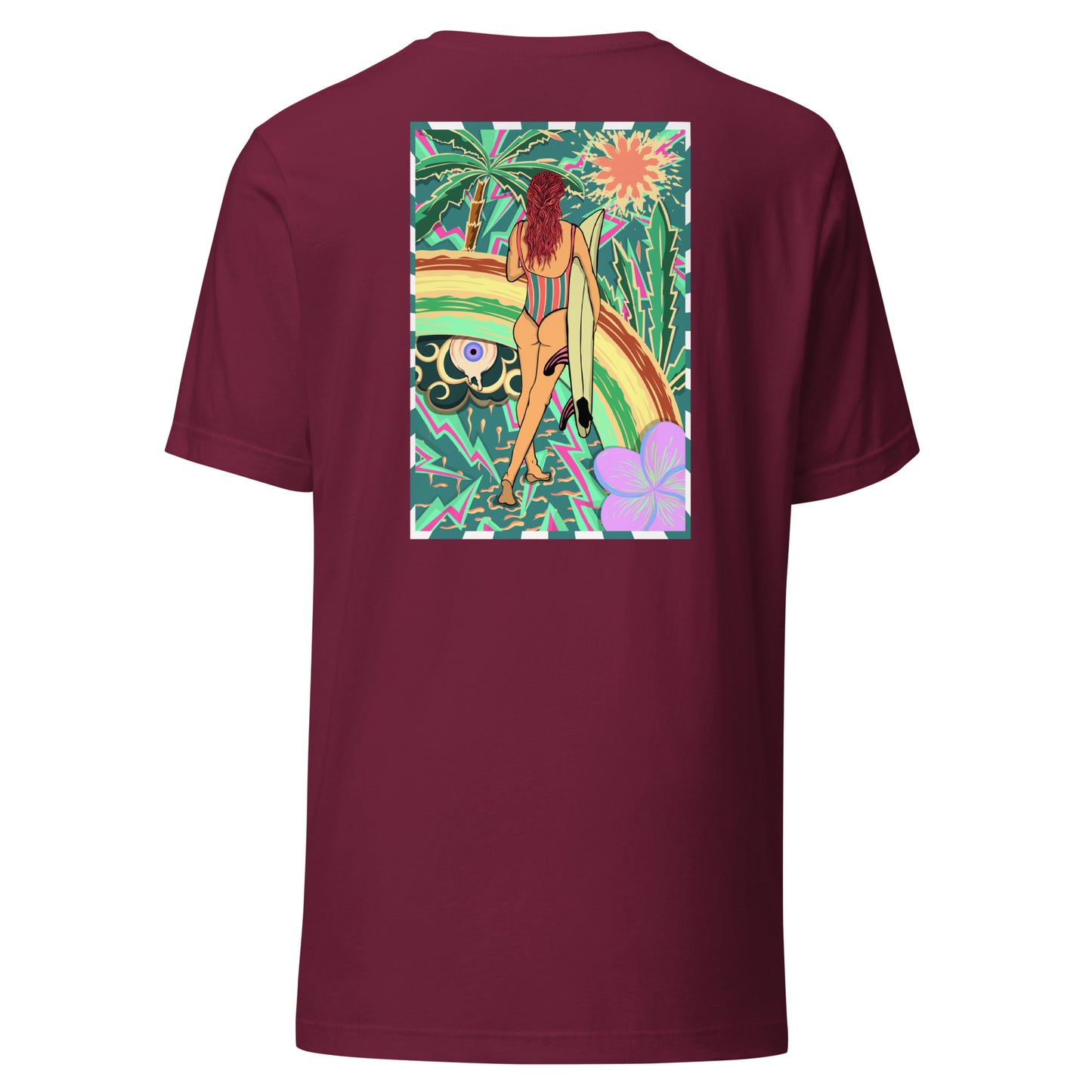 T-shirt surf vintage Walk Of Life surfeuse coloré hippie avec des palmier, fleur, arc en ciel et œil psychédélique. Tshirt dos bordeaux