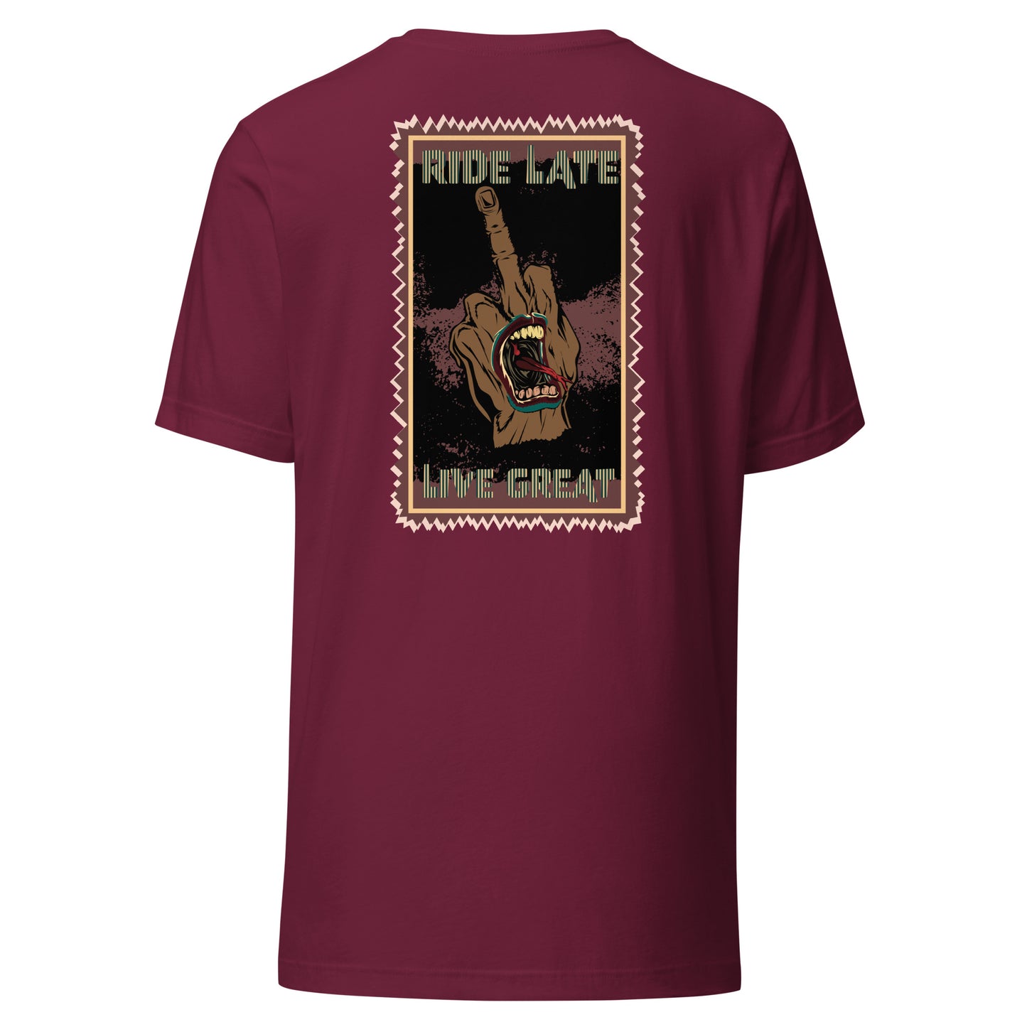 T-Shirt skate style volcom doigt d'honneur texte ride late live great t-shirt unisex dos maroon