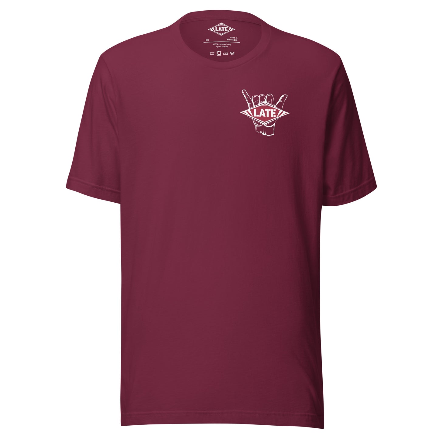 T-Shirt surfing main shaka avec le logo Late face avant t-shirt unisex couleur bordeaux