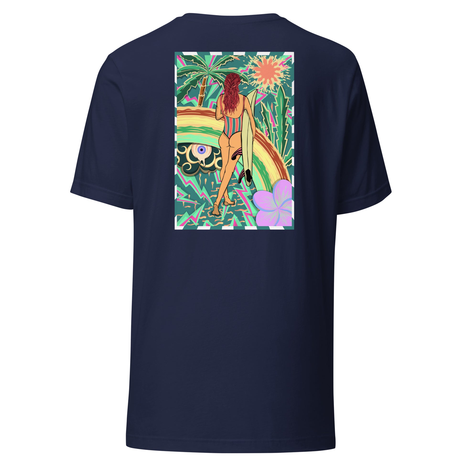 T-shirt surf vintage Walk Of Life surfeuse coloré hippie avec des palmier, fleur, arc en ciel et œil psychédélique. Tshirt dos navy