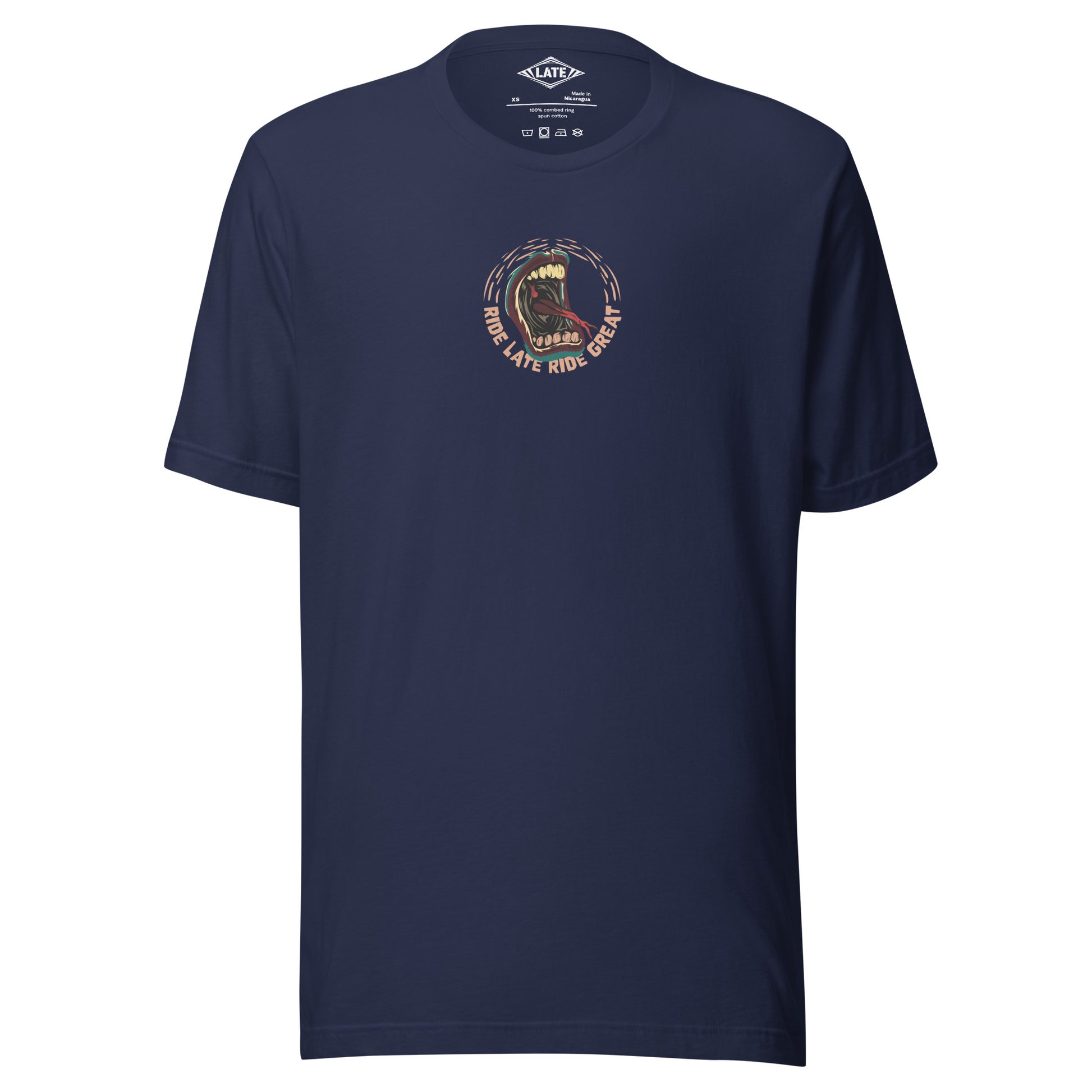 T-Shirt Ride Late Live Great skate style volcom avec un design de bouche qui tire la langue couleur du t-shirt unisex navy