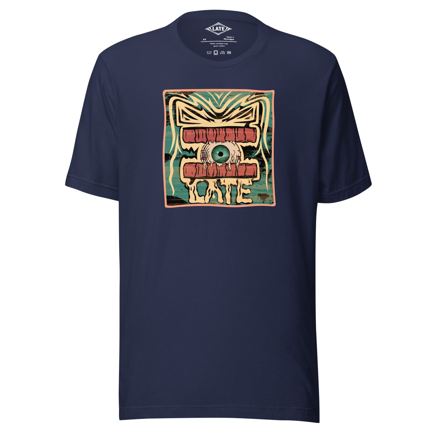 T-shirt rétro skateboarding, design couleur délavée, années 70,80, original dent et oeil skate, tee-shirt unisexe navy