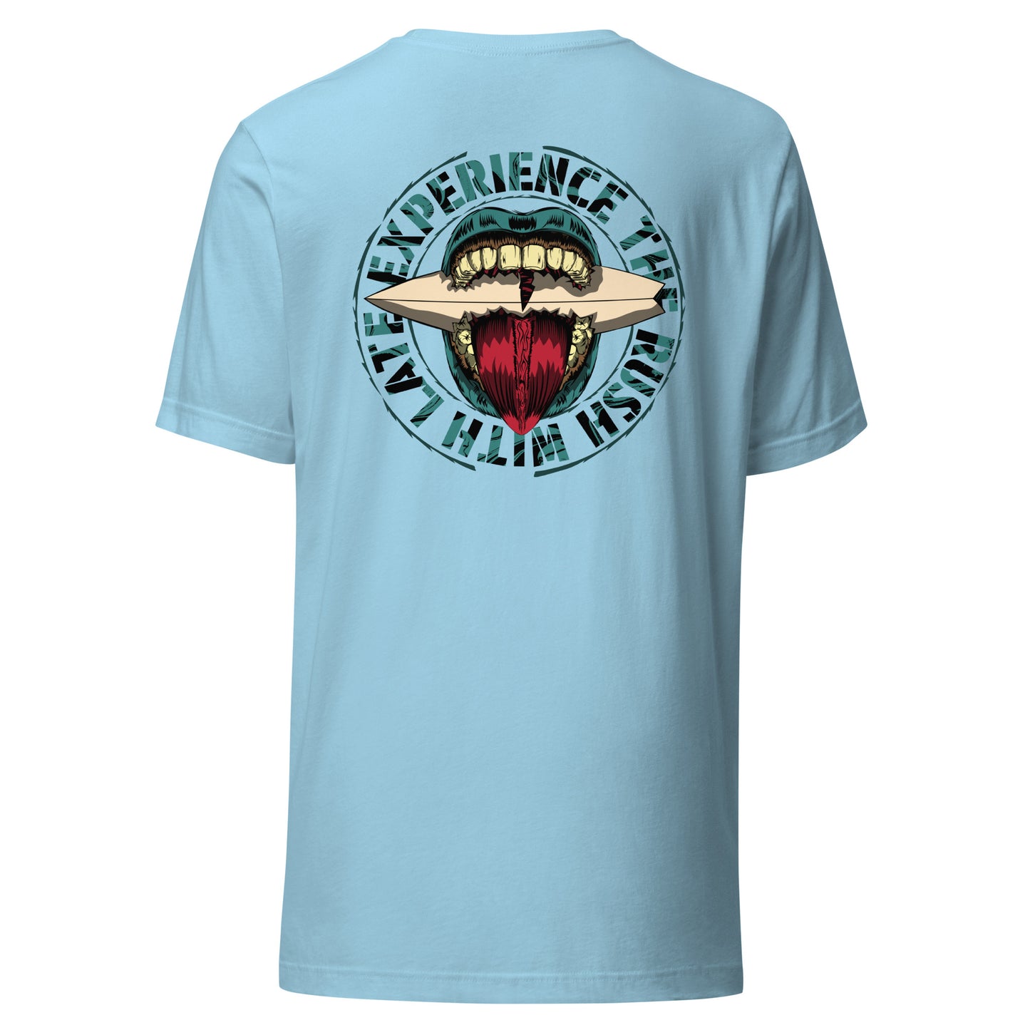 T-Shirt de surfeur style santacruz skateboarding et planche de surf texte experience the rush Late t-shirt dos couleur bleu océan