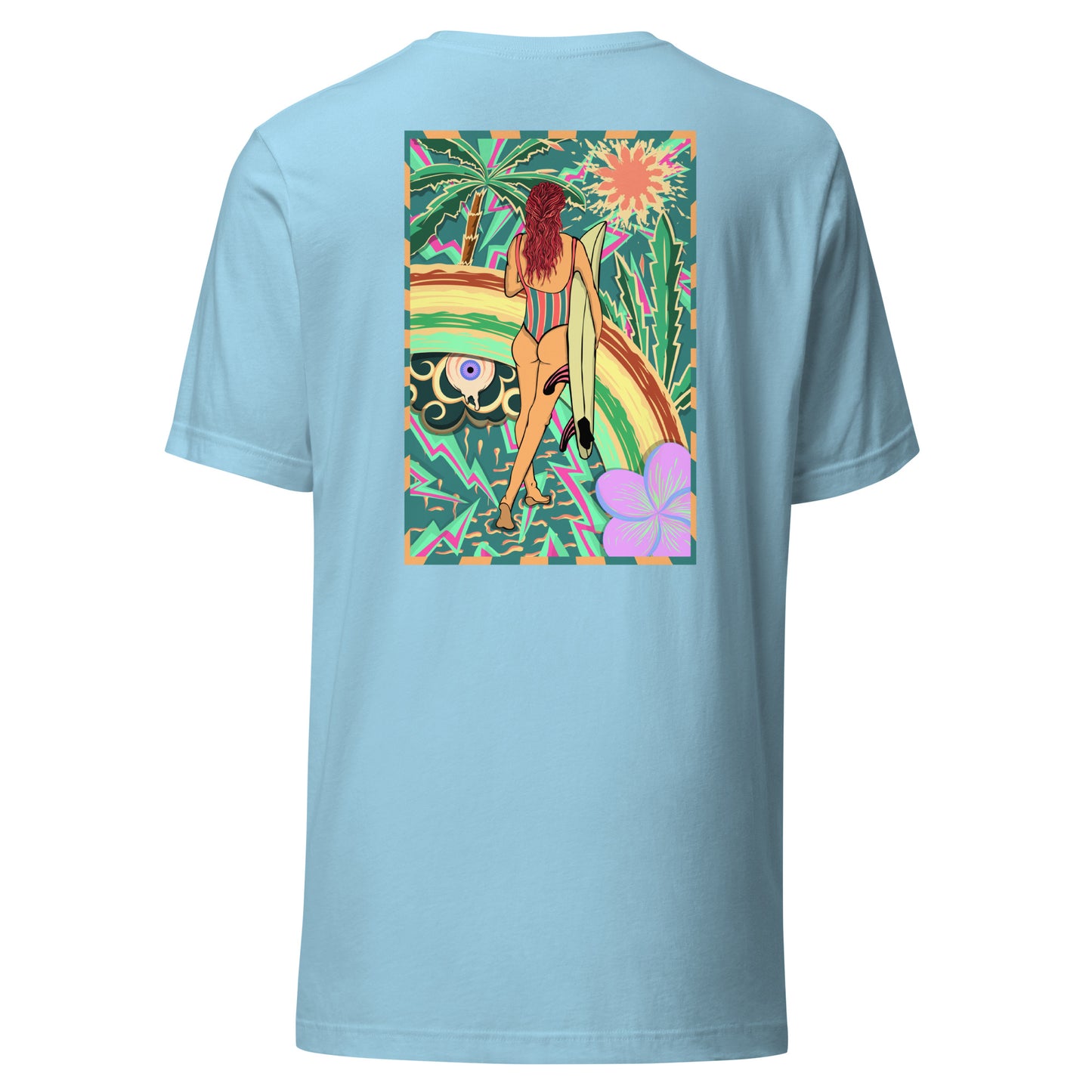 T-shirt surf vintage Walk Of Life surfeuse coloré hippie avec des palmier, fleur, arc en ciel et œil psychédélique. Tshirt dos bleu océan