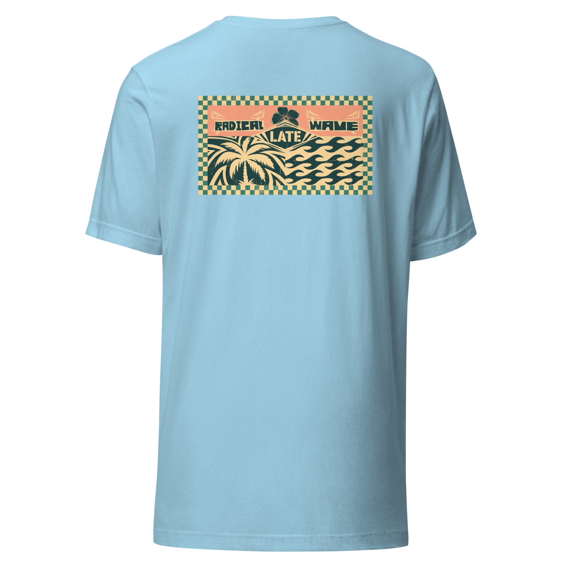 T-shirt rétro surfing radical wave, palmiers et vagues qui tubes, damier et logo Late surfshop. Tee-shirt unisexe de dos bleu océan