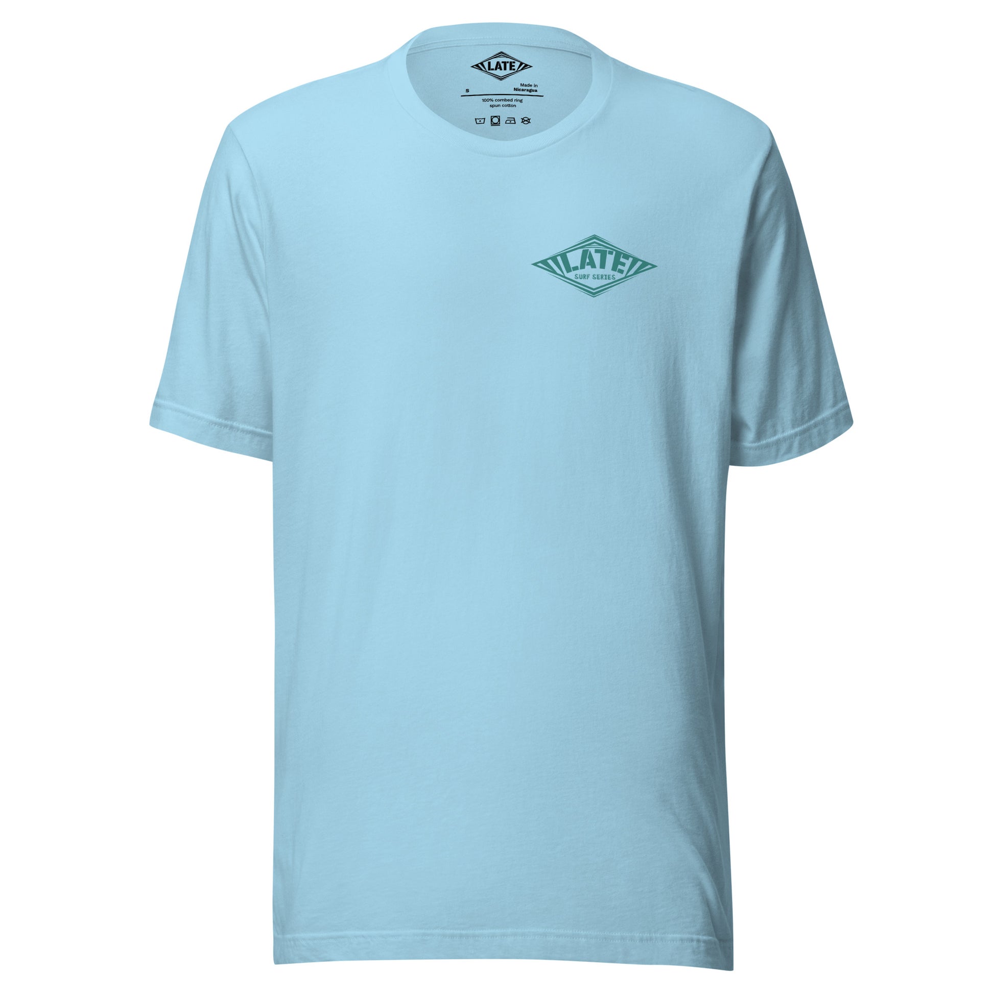 T-Shirt surfing avec Logo Late et texte surf series face et couleur bleu océan