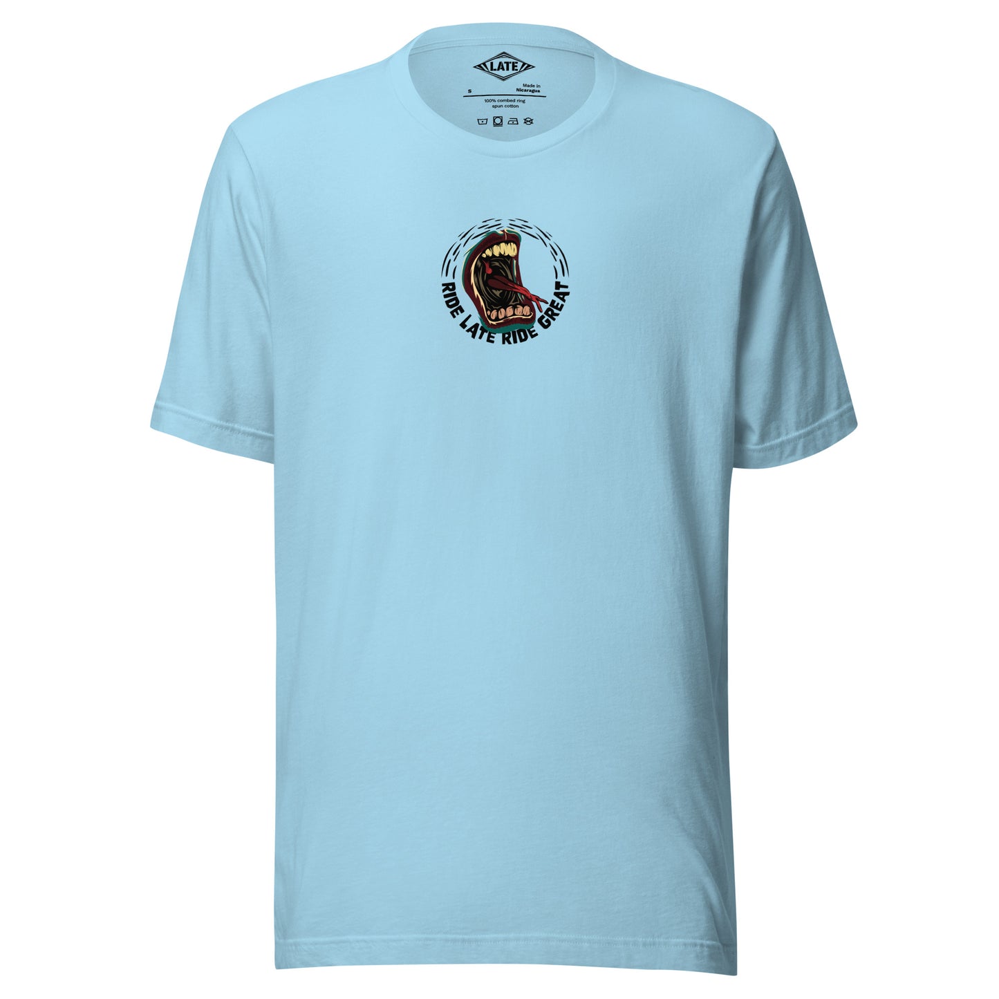 T-Shirt Ride Late Live Great skate style volcom avec un design de bouche qui tire la langue couleur du t-shirt unisex bleu océan