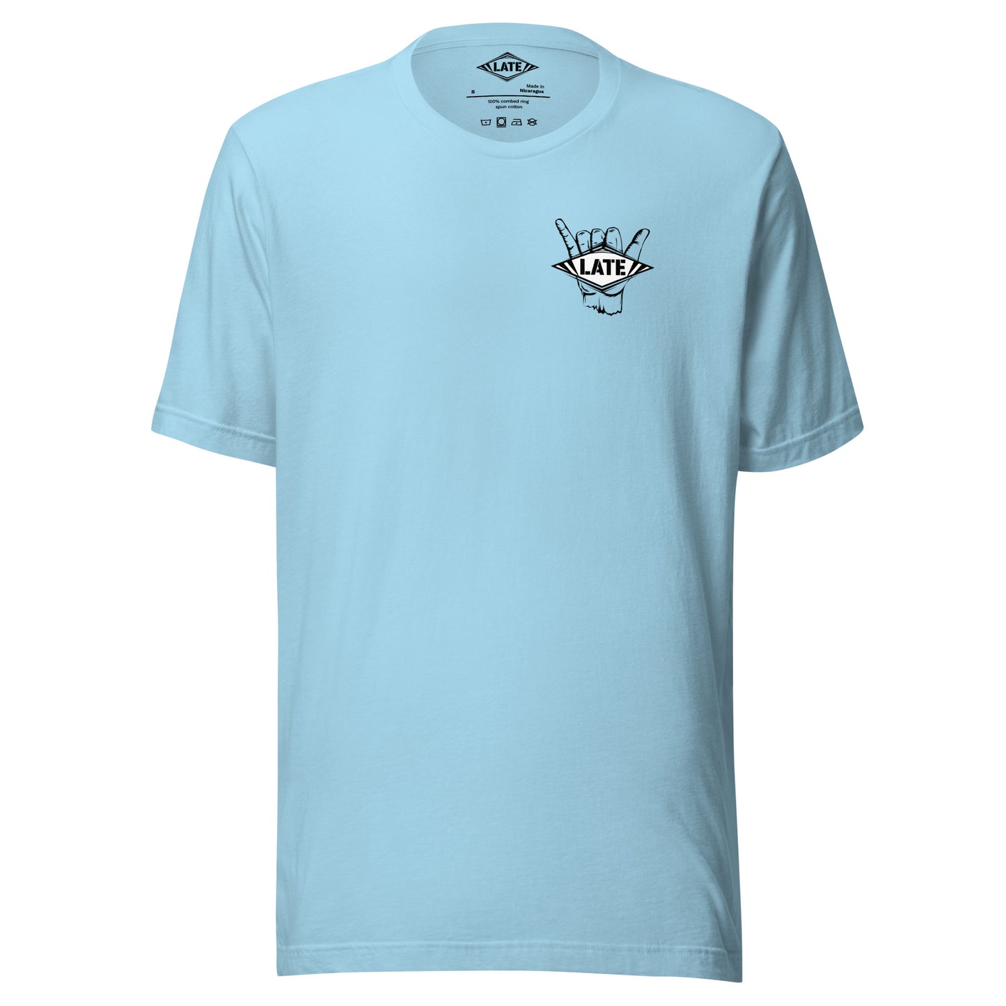 T-Shirt surfing main shaka avec le logo Late face avant t-shirt unisex couleur bleu océan