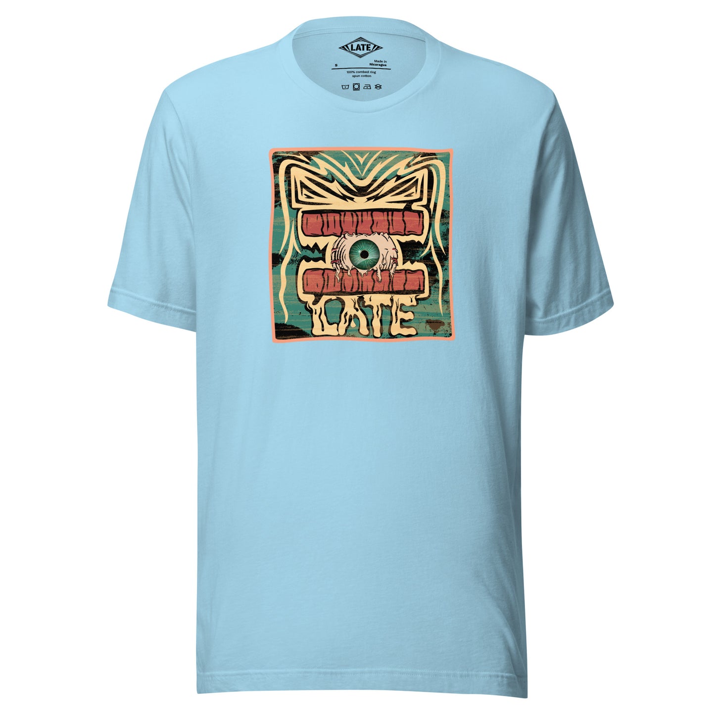 T-shirt rétro skateboarding, design couleur délavée, années 70,80, original dent et oeil skate, tee-shirt unisexe bleu océan