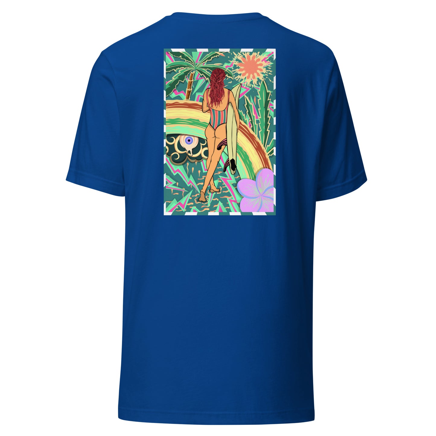 T-shirt surf vintage Walk Of Life surfeuse coloré hippie avec des palmier, fleur, arc en ciel et œil psychédélique. Tshirt dos bleu 