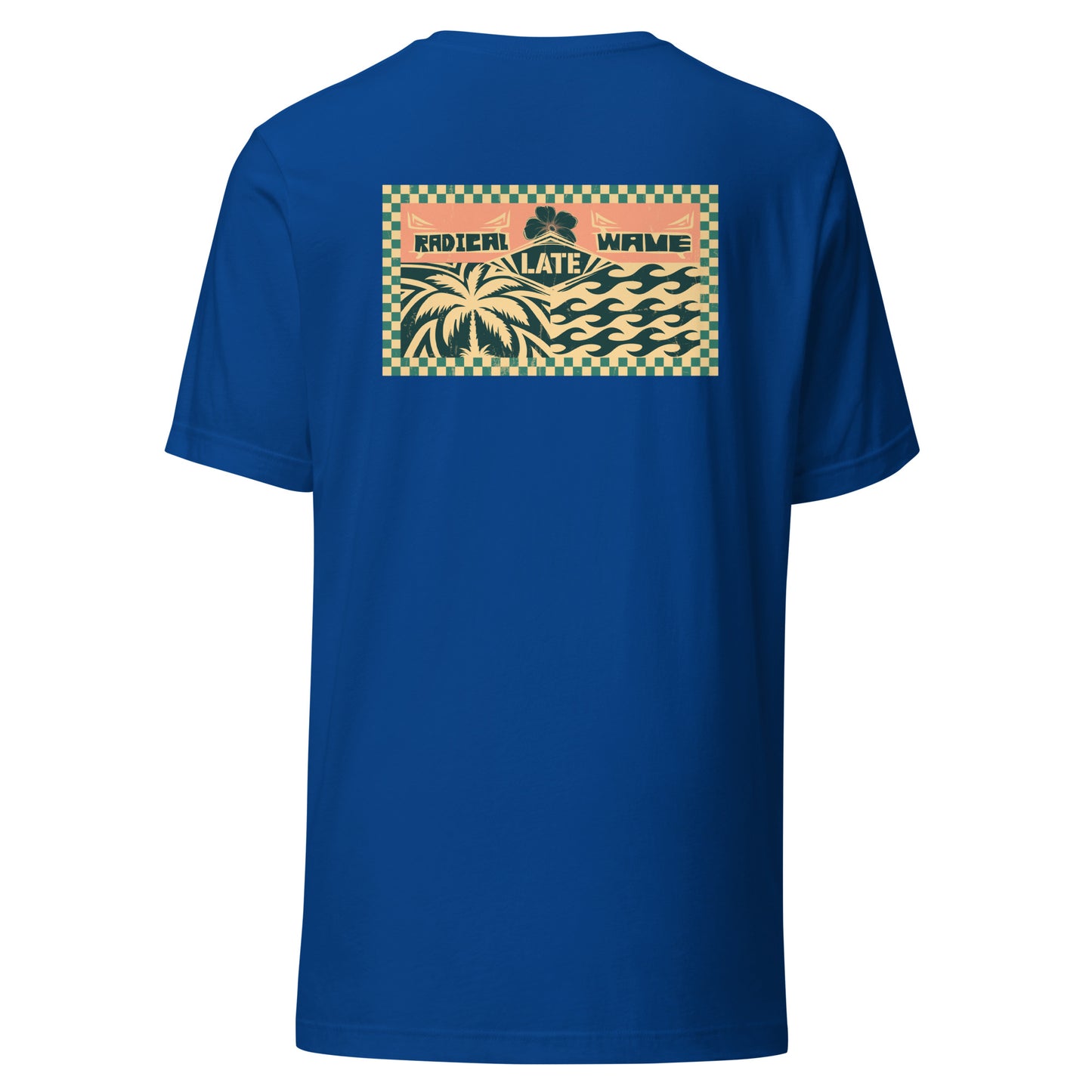 T-shirt rétro surfing radical wave, palmiers et vagues qui tubes, damier et logo Late surfshop. Tee-shirt unisexe de dos bleu