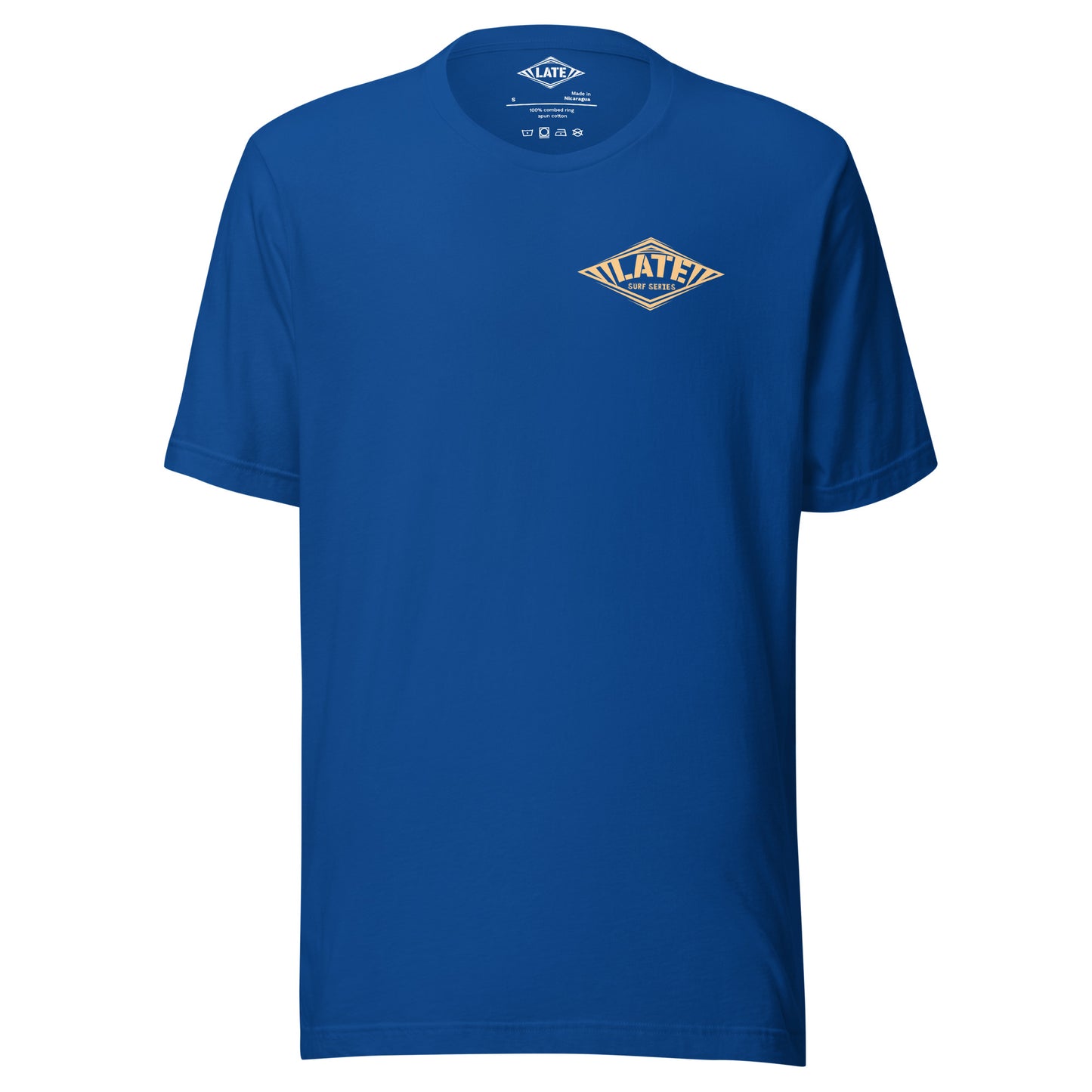T-Shirt surfing avec Logo Late et texte surf series face et couleur bleu royal