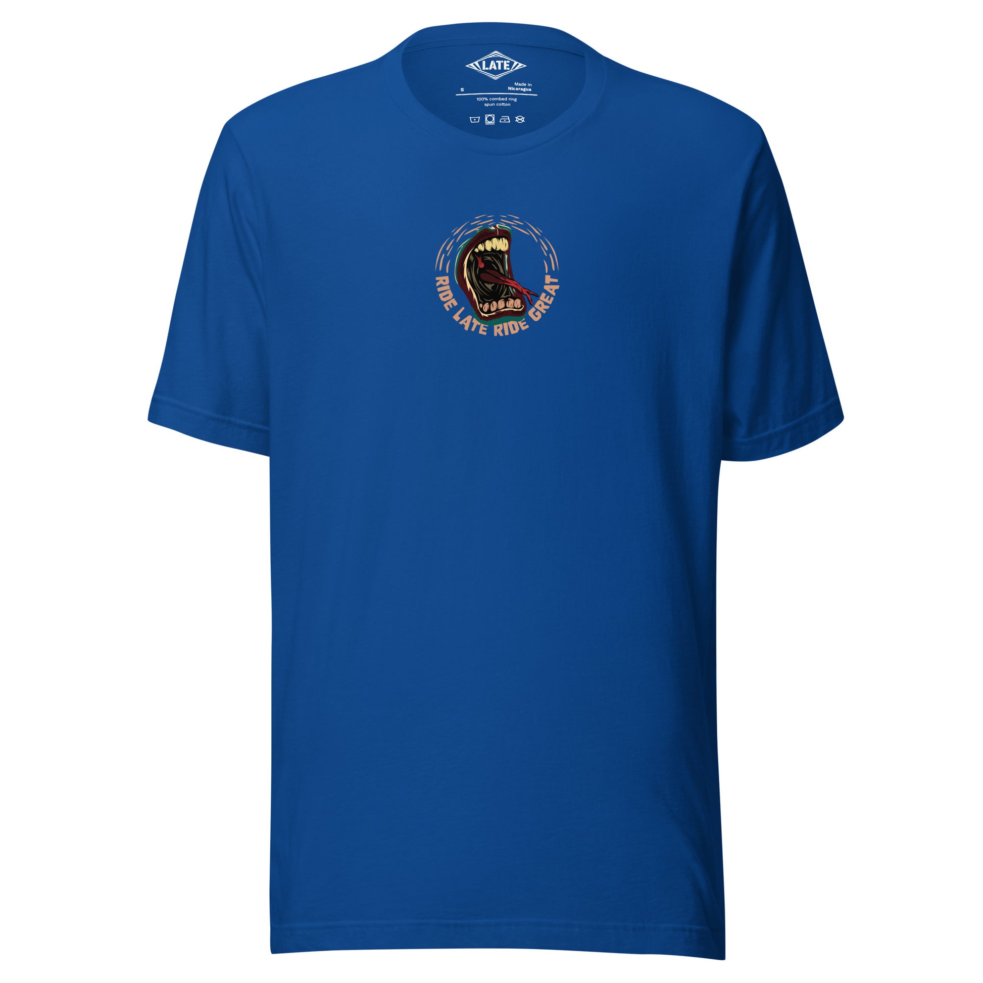 T-Shirt Ride Late Live Great skate style volcom avec un design de bouche qui tire la langue couleur du t-shirt unisex bleu royal