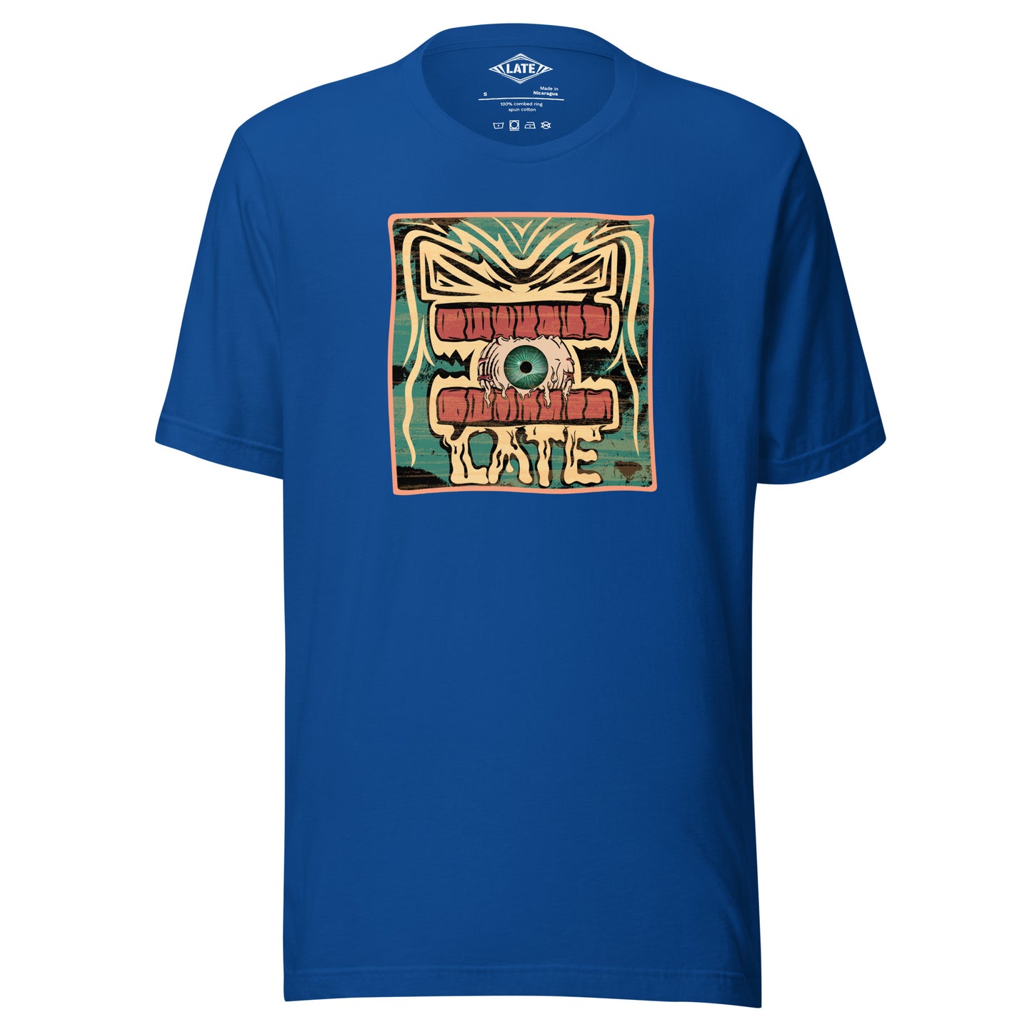 T-shirt rétro skateboarding, design couleur délavée, années 70,80, original dent et oeil skate, tee-shirt unisexe bleu