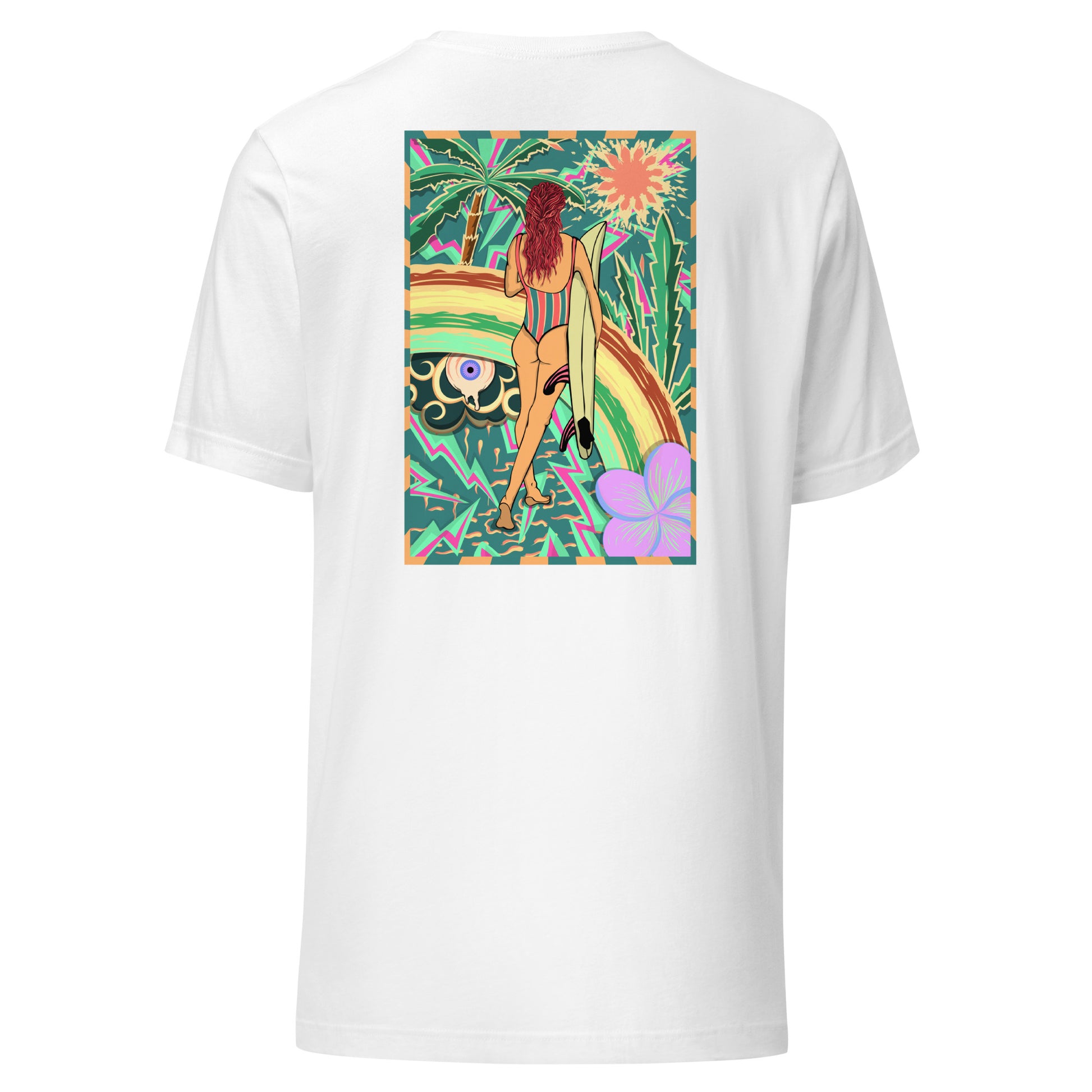 T-shirt surf vintage Walk Of Life surfeuse coloré hippie avec des palmier, fleur, arc en ciel et œil psychédélique. Tshirt dos blanc