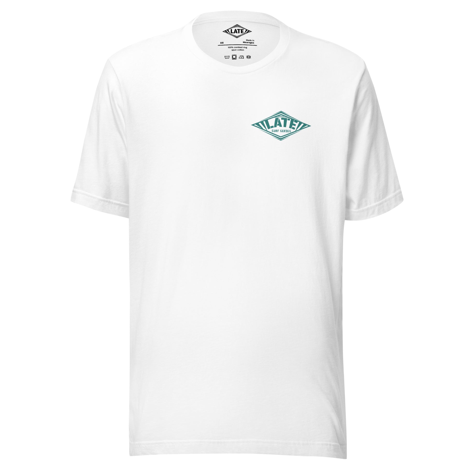 T-Shirt surfing avec Logo Late et texte surf series face et couleur blanc