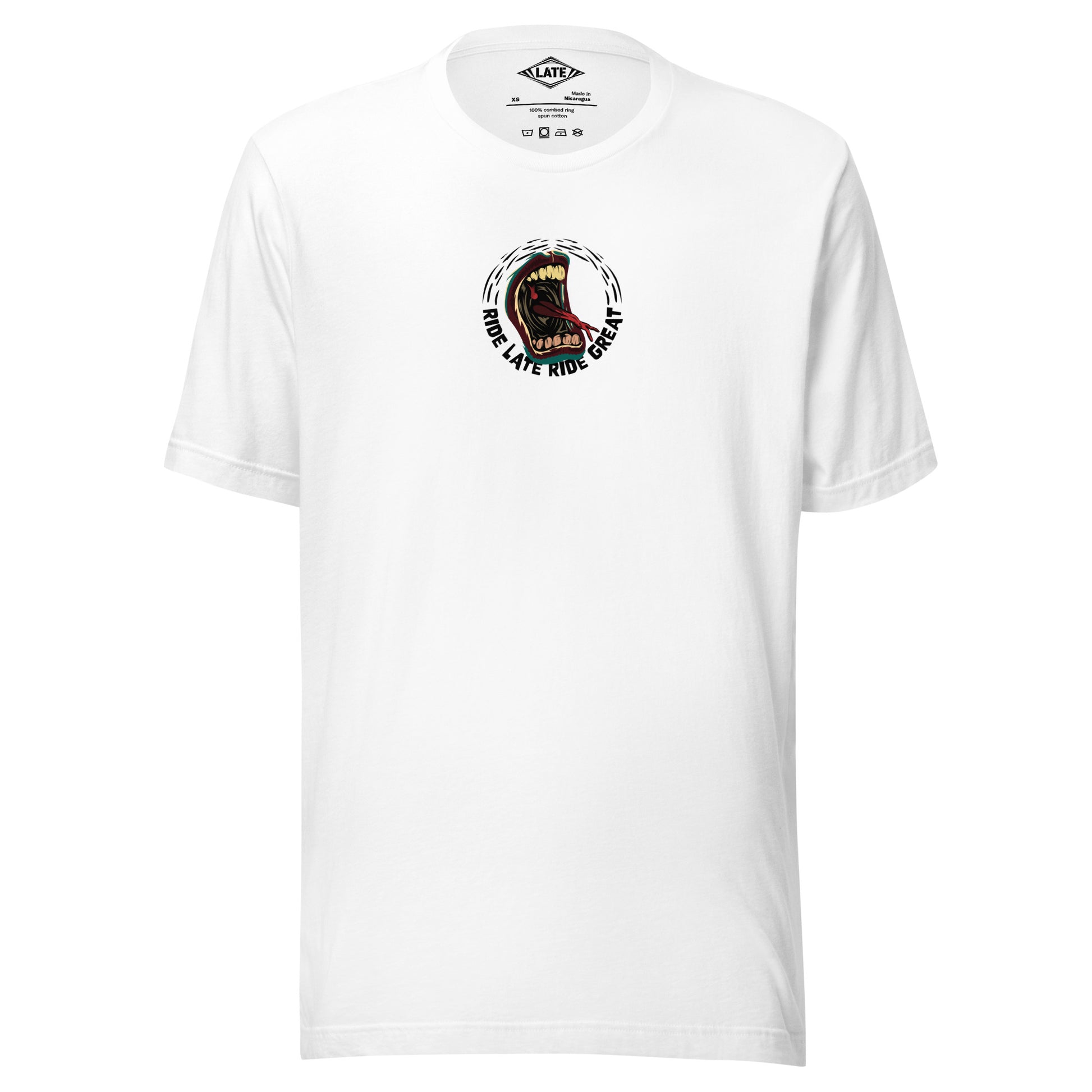 T-Shirt Ride Late Live Great skate style volcom avec un design de bouche qui tire la langue couleur du t-shirt unisex blanc