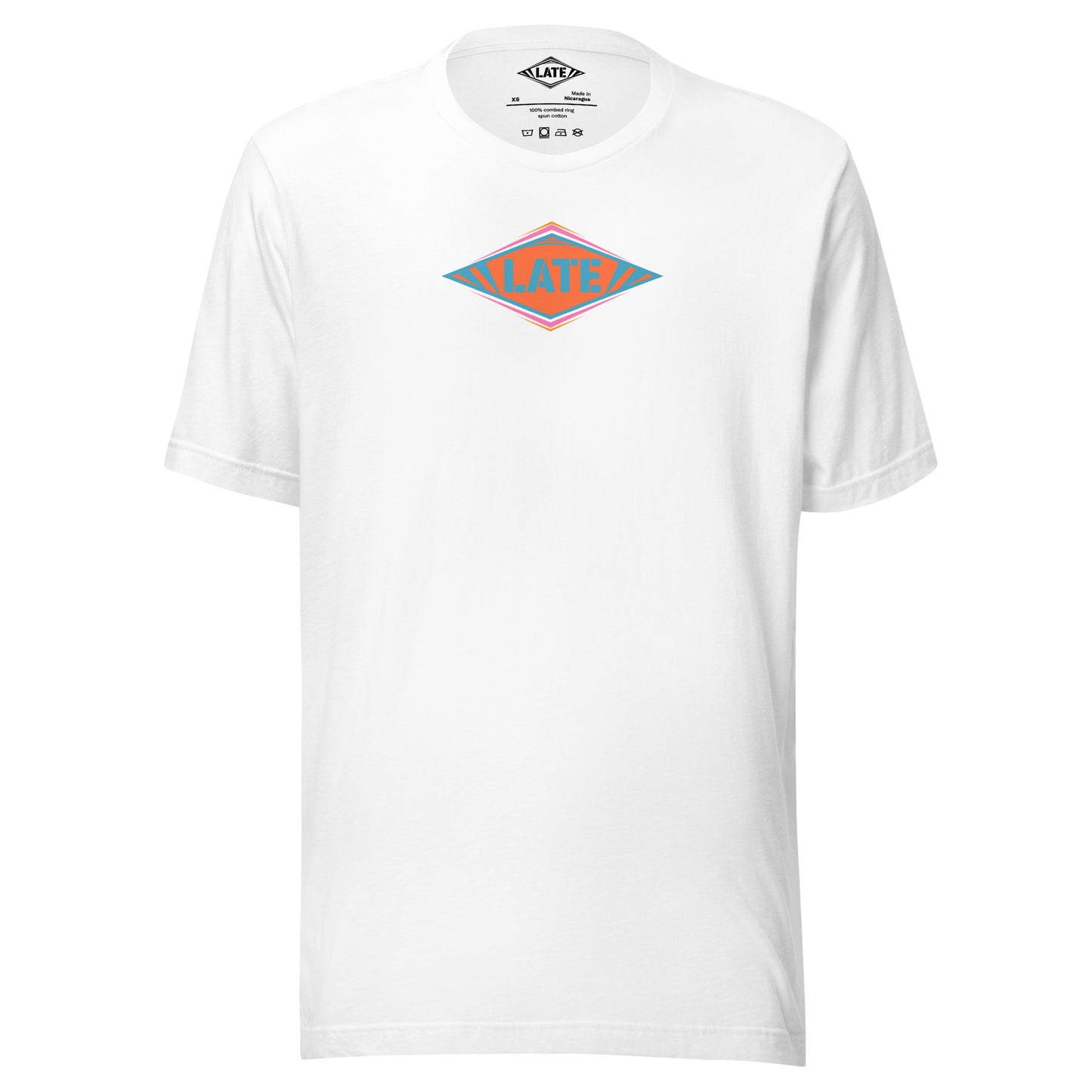 T-Shirt skateboard logo Late coloré bleu orange et violet, t-shirt unisex couleur blanc