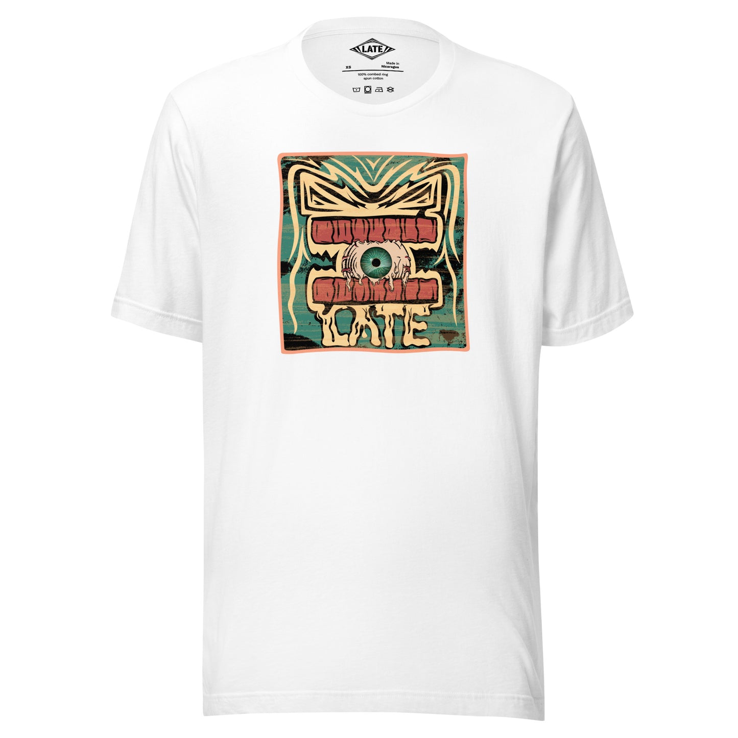 T-shirt rétro skateboarding, design couleur délavée, années 70,80, original dent et oeil skate, tee-shirt unisexe blanc