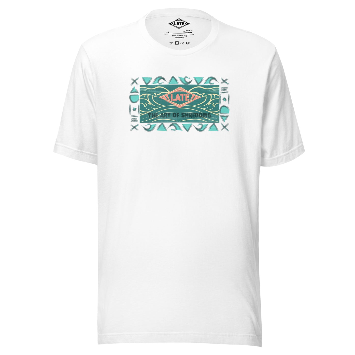 T-Shirt rétro surfwear art of shredding, logo Late surfshop motifs de vagues creuses, et dom-tom, t-shirt unisex blanc